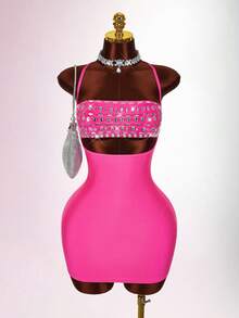 Amplova Women's Rhinestone Cutout Bodycon Mini Slip Dress, Sexy - Hot Pink - View 6