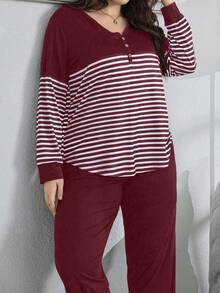 SHEIN 大码休闲撞色条纹装饰纽扣舒适套头衫和裤子睡衣套装，舒适优雅的细节设计，秋冬服装 - 酒紅色 - 查看 5
