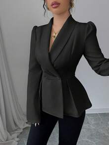 Modelyn 女士杏色收腰翻领双排扣长袖西装外套 - 黑色 - 查看 6