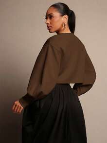 Vixey Áo thun dài tay cổ chữ V màu trơn, vạt áo bất đối xứng, kiểu dáng thường ngày. - màu nâu - Xem 5