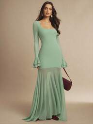 Silquee Burgunderrotes Kleid mit asymmetrischem Saum, transparenten Rüschenärmeln, elegant und sexy, geeignet für romantische Dates, Hochzeiten, Partys, Alltagstragen, Feiern, Nachtausgänge, Nachtclubs, Cocktailveranstaltungen