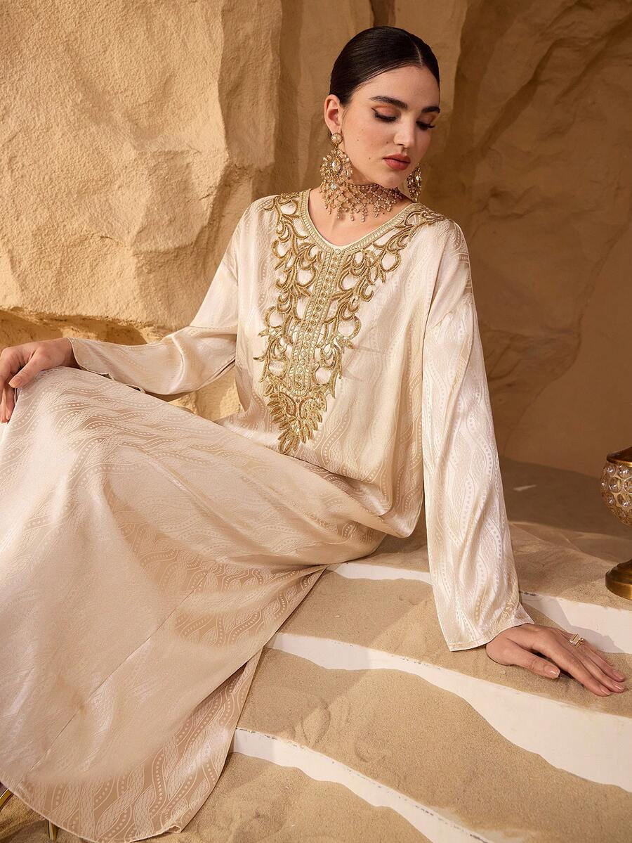 Al Najma Damen neue modische elegante luxuriöse Blumen Spitze, Pailletten, handbestickte goldene dekorative Kragen, Jacquard Gewebe Textur, locker sitzendes traditionelles türkisches langes Kleid, arabisches Kleid - Gold - Übersicht 1