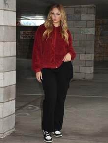 Arliah 女士纯色蓬松连帽运动衫，女士保暖厚羊毛连帽衫，秋冬季，秋季，长袖上衣