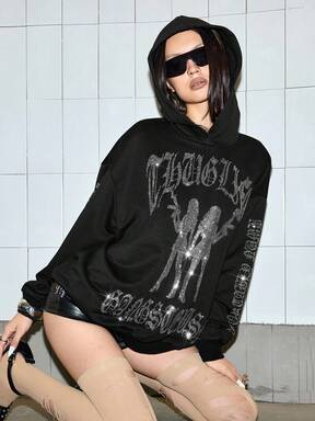 Grunge Punk Vintage Distressed Human Silhouette Rhinestone Embellished Sweatshirt