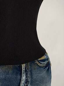 SHEIN ICON Áo thun nữ cỡ lớn màu đen cổ chữ V tay ngắn có gân - màu đen - Xem 8