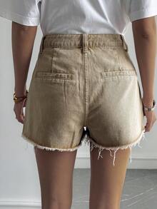 Livesso Women's Casual Frayed Hem Denim Shorts, Summer - Khaki - View 2