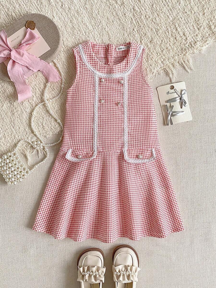 SHEIN Young Girls' Preppy Style Round Neck Sleeveless Plaid Dress - Red and White - View 1