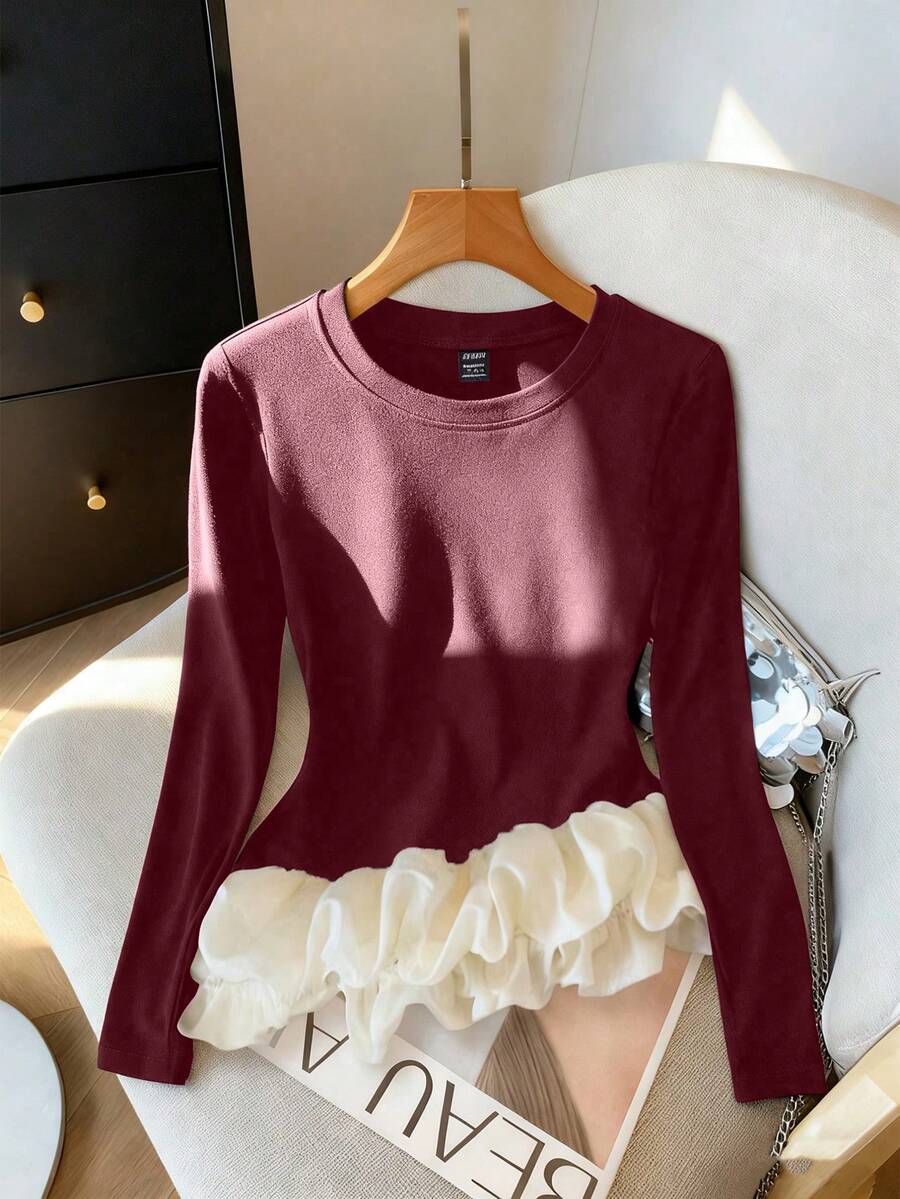 Lyxana Women's Autumn/Winter Knitted Elastic Round Neck Asymmetric Hem Patchwork Color Block Casual T-Shirt - Multicolor - View 1