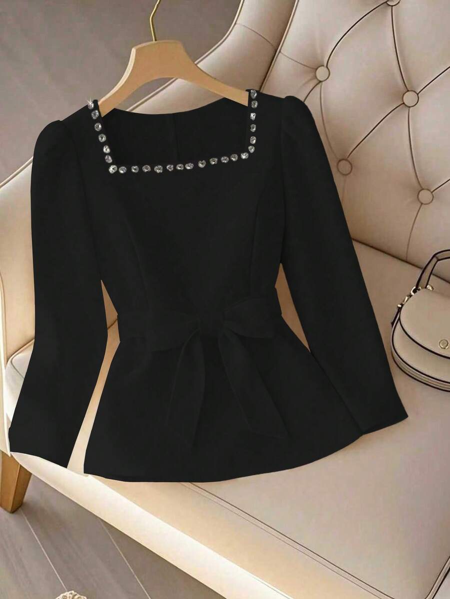 Qadelle Blusa elegante da donna con colletto quadrato e decorazione con borchie, adatta per primavera/autunno/inverno - nero - Visualizzare 1