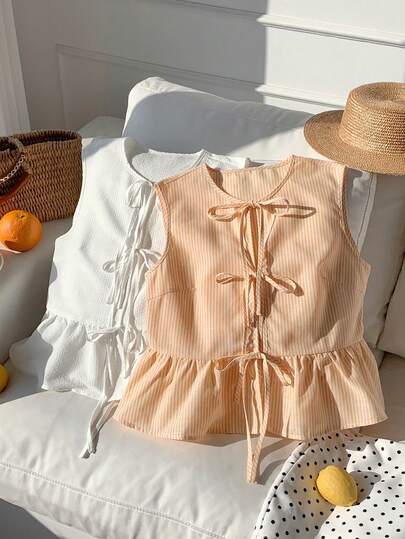 CovetEZ Rund halsringning, knytband framtill, volangkant, ärmlös blus för kvinnor