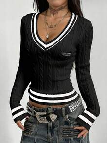 Coolane Áo len dài tay nữ phối màu tương phản, phong cách tối giản, thường ngày. - màu đen - Xem 3