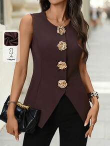 Editum Women's Sleeveless Vest Waistcoat, Brown Round Neck Rose Gold Metal Button, Elegant For Daily Wear, Commute, Autumn/Winter, Early Spring Dark Brown Top Women Sleeveless Tops Classy Top Tops For Women Elegant Business Casual Tops Woman