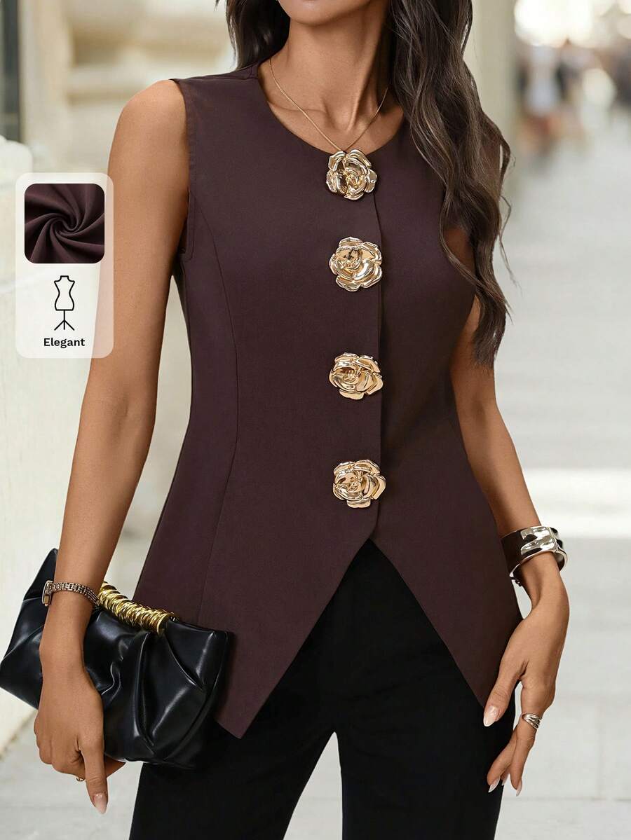 Editum Women's Sleeveless Vest Waistcoat, Brown Round Neck Rose Gold Metal Button, Elegant For Daily Wear, Commute, Autumn/Winter, Early Spring Dark Brown Top Women Sleeveless Tops Classy Top Tops For Women Elegant Business Casual Tops Woman