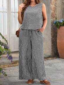 Rusticease 大码女式休闲度假黑白格子圆领无袖上衣衬衫搭配带口袋阔腿裤两件套，春夏款 - 黑與白 - 查看 3