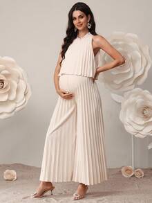 SHEIN Maternity Solid Color Casual Jumpsuit, Elegant Party Dresses , Party Outfit Elegant Two Piece Set Modest Two Piece Set Pregnancy Dress For Photoshoot Maternity Two Piece Set Beige Two Piece Set - Khaki - View 5
