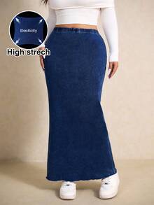 Elaquor Chân váy denim dáng ôm, cạp cao, đuôi cá, đơn giản, đa năng dành cho nữ cỡ lớn, thích hợp mặc hàng ngày đi làm. - Rửa tối - Xem 2