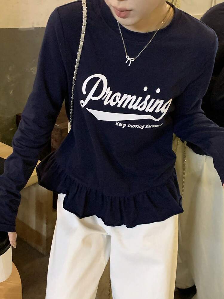 Women's Letter Print Round Neck Long Sleeve Ruffle Hem T-Shirt