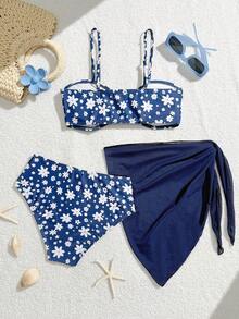 SHEIN 8-12岁女孩两件式泳衣，带纱笼罩衫，藏蓝色白色碎花比基尼套装，扭结前襟可调节肩带，夏季度假保暖泳衣，圣诞节、节日、新年、情人节泳装。三件式泳衣套装，蓝色雏菊泳衣，带裙泳装，适合青少年女孩的蓝色泳衣套装，带裙泳装。 - 藏蓝色 - 查看 2