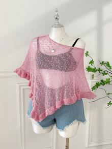 SHEIN EZwear 大码女式绿色荷叶边半透明休闲钩针披肩，适合夏季外出和约会 - 淺粉色 - 查看 3