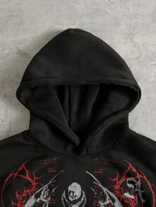 ROMWE MEN 男士休闲时尚街头标语十字链印花保暖连帽卫衣，秋冬款 - 黑色 - 查看 3