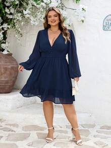 SHEIN CURVE+ CURVE PLUS /Valentine's Day/Plus Lantern Sleeve Ruffle Hem Dress - Blue - View 5