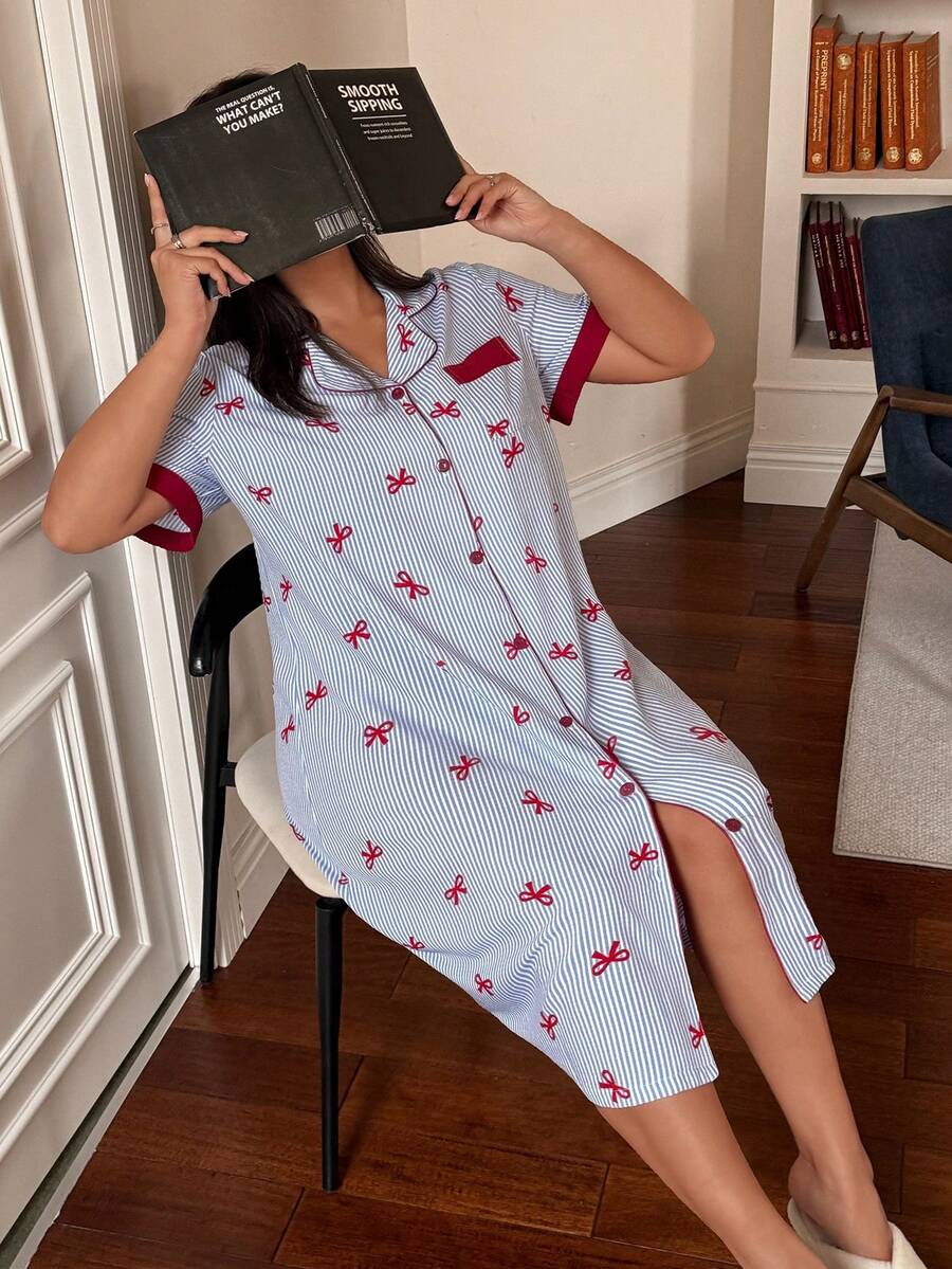 Napfluff CURVE Napfluff CURVE Áo ngủ nữ cỡ lớn cổ cài khuy phía trước, họa tiết bướm và sọc, tay ngắn, thích hợp cho mùa hè. - Màu xanh lam - Xem 1
