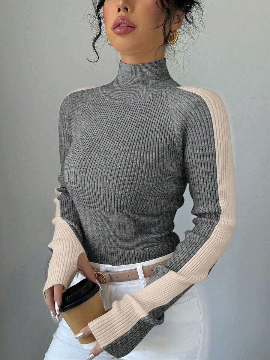 RosyDaze Damen Lässig Alltags Pendler Kontrast Farbiger Rollkragen Figurbetonter Pullover, Herbst/Winter - Grau - Übersicht 1