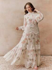 Anewsta Đầm dài tay thanh lịch phối ren họa tiết hoa dành cho nữ cỡ lớn - Màu be - Xem 5