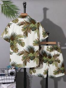 SHEIN Bộ 2 món áo sơ mi và quần short in hoa phong cách học sinh dành cho bé trai tuổi teen, thích hợp đi làm, đi học, mặc thường ngày, chơi thể thao, mùa xuân/hè. - Nhiều màu - Xem 3