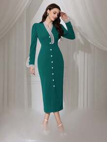 Modelyn Vestido de manga larga con ribete de contraste para mujer - Verde Oscuro - Ver 4