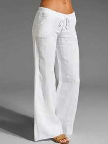 SHEIN Tall Women's Elegant French Style Vacation Casual Linen-Look White Lining Pocket Pants - White - View 1