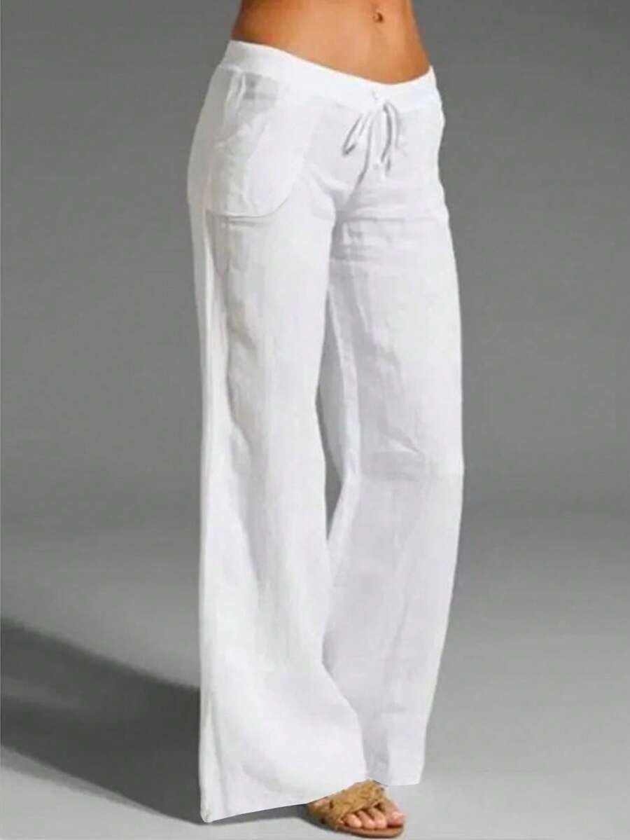 SHEIN Tall Women's Elegant French Style Vacation Casual Linen-Look White Lining Pocket Pants - White - View 1