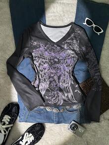 Glimmora 女士暗黑朋克风翅膀与花卉印花V领长袖修身T恤，春秋季 - 彩色 - 查看 1