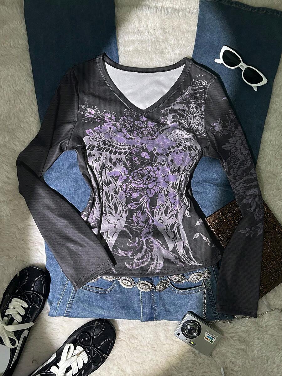 Glimmora 女士暗黑朋克风翅膀与花卉印花V领长袖修身T恤，春秋季 - 彩色 - 查看 1