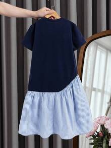 SHEIN Tween Girls' Back-To-School Summer Casual School Navy Blue Floral Patchwork Striped Print 2 In 1 Dress,Fashion Vacation Flower Spring Kids Clothes - Multicolor - View 3