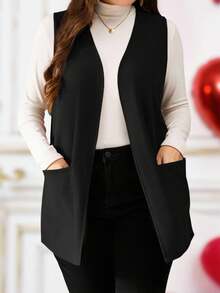 Miaspire Plus Size Solid Color Sleeveless Loose Pocket Simple Casual Jacket,Spring/Summer,Summer Clothes,Vacation Outfits Woman / Vacation In Fall/Winter - Black - View 5