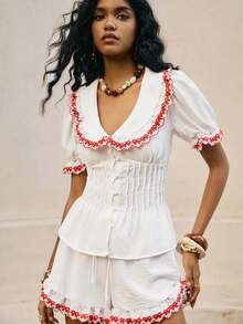 Poéselle 女士撞色滚边刺绣荷叶边领纽扣前开襟短袖衬衫 - 白色 - 查看 3