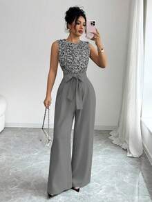 SHEIN Raffinéa 法式优雅度假连体裤，透视亮片拼接，后背拉链；腰部配有布腰带，泡泡袖褶皱设计，阔腿裤 - 灰色 - 查看 3