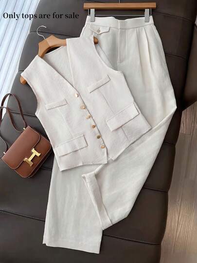 SHEIN Franclia Women's Solid Color V-Neck Single-Breasted Casual Versatile Commuting Blazer Vest