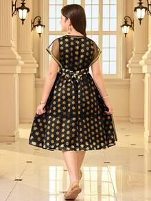 Tween Girl Elegant Round Neck Mesh Long Dress With Gold Ribbon Decor - Black - View 4