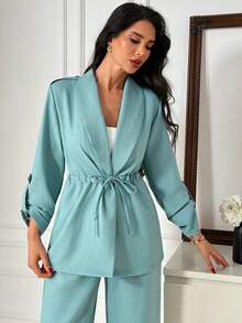 SHEIN Green Drawstring Waist Blazer & Pants Set – Chic Long Sleeve Two Pieces Fake Linen - Green - View 5