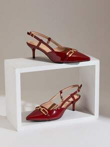 SHUZIA #LuxuryMuse Women's Burgundy Patent Horse-Bit Point Toe Slingback Pumps – Glossy, Chic & Elegant Designer Look. - Burgundy - View 1