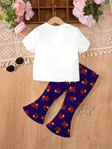 SHEIN Conjunto de pantalones de manga corta con cuello redondo y estampado de dibujos animados, informal para bebé niña, adecuado para primavera/verano - Multicolor - Ver 3