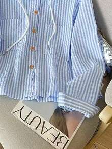 Resyla New Blue Striped Loose Hooded Shirt, Sun Protection