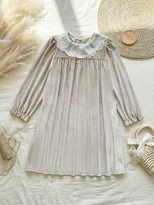 Vintaside Kids Girls' Spring/Autumn Lace Collar Long Sleeve Elegant & Simple Dress, Suitable For Parties, Travel, Vacation, Or Casual Daily Wear - Khaki - View 3