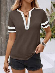 SHEIN LUNE Zipper Half Placket Striped Short Sleeve T-Shirt Graphic Tees Women Tops - Multicolor - View 4