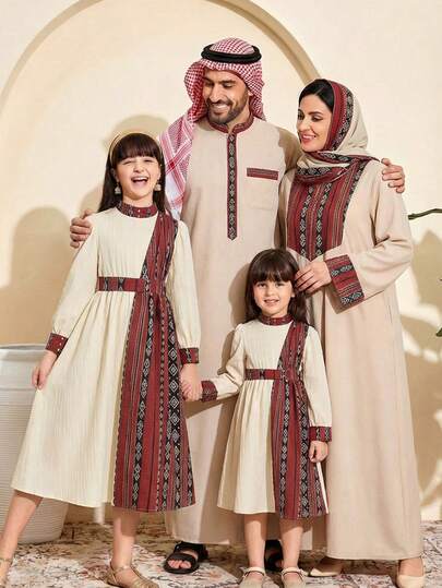 SHEIN Young Girl Dress, Apricot White Base With Red And Black Contrast Traditional Pattern, Geometric Diamond And Stripe Interwoven