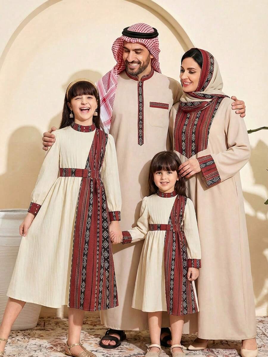 SHEIN Young Girl Dress, Apricot White Base With Red And Black Contrast Traditional Pattern, Geometric Diamond And Stripe Interwoven - Multicolor - View 1