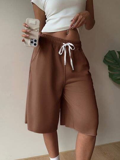 SHEIN EZwear Plus Size Women Brown Casual Drawstring Waist Shorts With Side Pockets