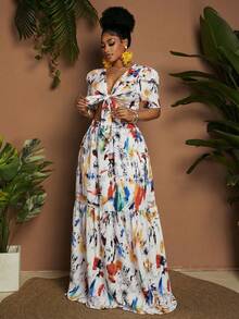 Maweii 2件套加大码女式系带短袖高腰弹力腰长裙 - 彩色 - 查看 5